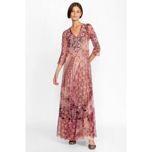 Johnny Was Cardinal Mesh Long Sleeve Embroidered Dress Sz M